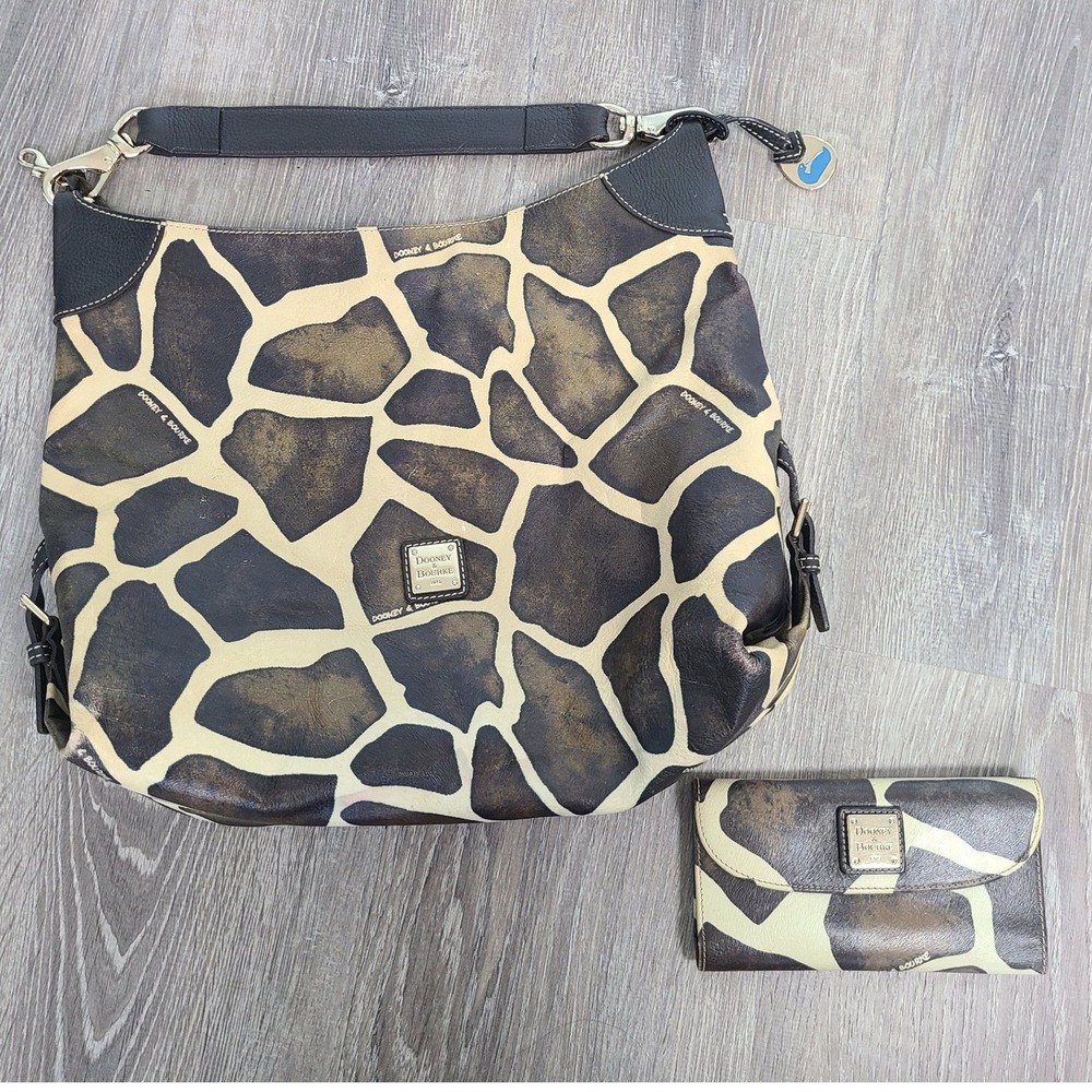 Dooney & Bourke Giraffe Print Leather Hobo Shoulder Purse Wallet Set Y2K - Picture 2 of 11